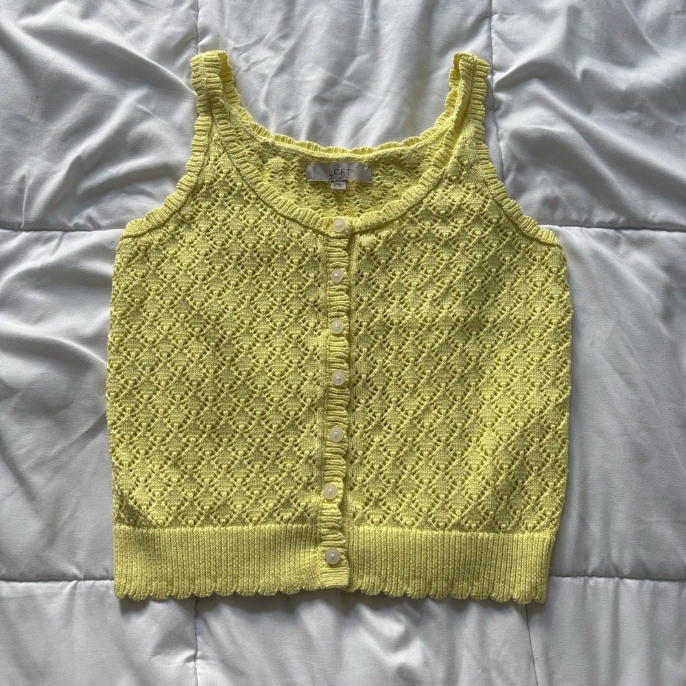 Womens Small Crochet‎ Button Up Sweater Tank Top Yellow 100% Cotton Summer Fairy